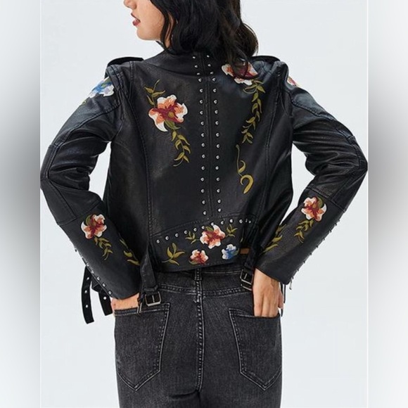 Embroidered Black faux Leather Jacket - Picture 2 of 15